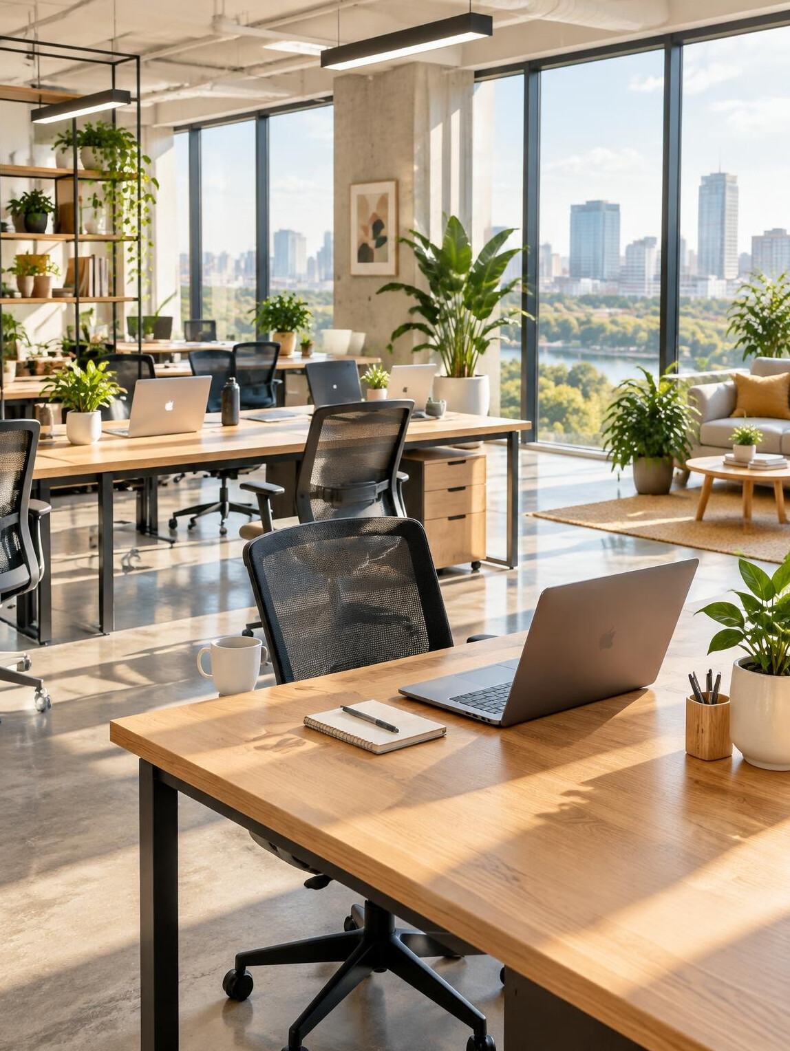 Bright modern office with large windows and desks